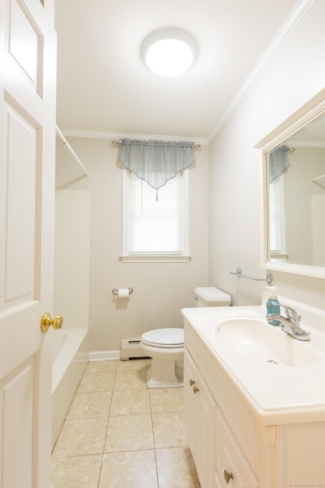 138 White Birch Dr, Guilford, CT 06437 - bathroom with baseboard heating, ornamental molding, toilet, tile patterned flooring, and vanity