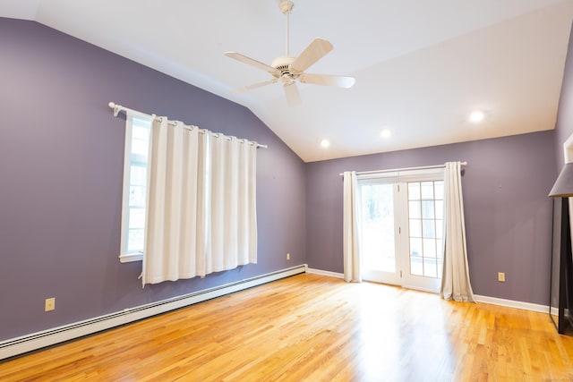 138 White Birch Dr, Guilford, CT 06437 - unfurnished room featuring baseboard heating, vaulted ceiling, wood finished floors, a ceiling fan, and baseboards