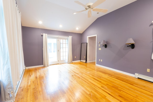 138 White Birch Dr, Guilford, CT 06437 - unfurnished room with a ceiling fan, vaulted ceiling, light wood-style flooring, baseboards, and a baseboard radiator