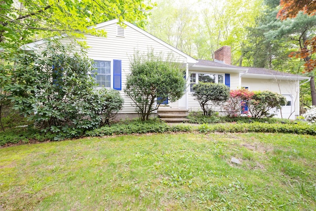 138 White Birch Dr, Guilford, CT 06437 - ranch-style home with a chimney and a front lawn