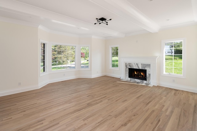 19 Stone Fence Ln, Stamford, CT 06903 - unfurnished living room with light wood-style flooring, beamed ceiling, baseboards, and a fireplace