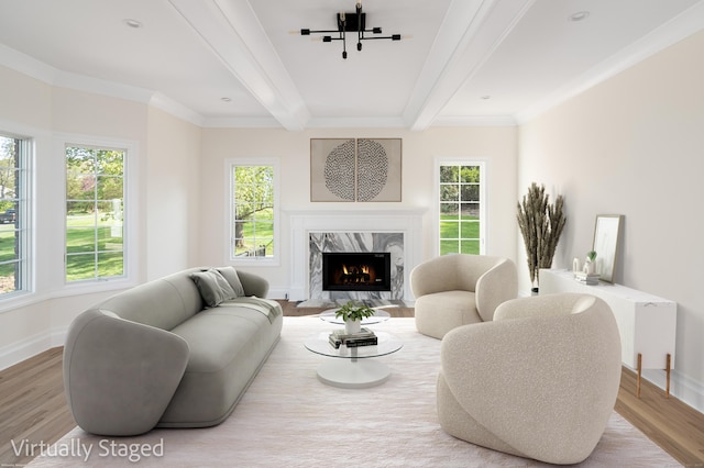 19 Stone Fence Ln, Stamford, CT 06903 - living area featuring beam ceiling, wood finished floors, baseboards, a high end fireplace, and ornamental molding