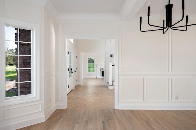 19 Stone Fence Ln, Stamford, CT 06903 - hall with a decorative wall, a chandelier, parquet floors, and beam ceiling