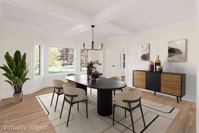 19 Stone Fence Ln, Stamford, CT 06903 - dining space with a chandelier, beamed ceiling, light wood finished floors, a decorative wall, and coffered ceiling