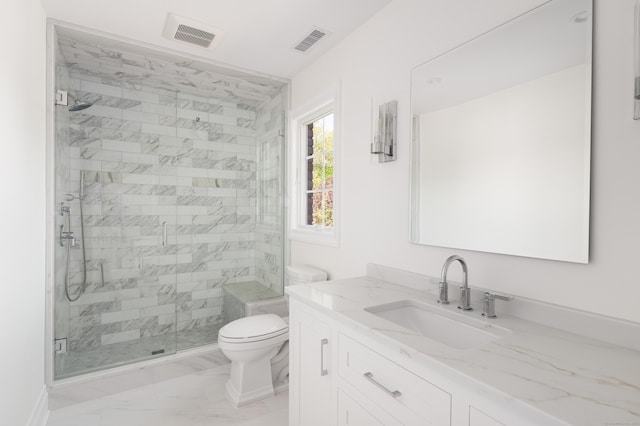 19 Stone Fence Ln, Stamford, CT 06903 - bathroom featuring toilet, marble finish flooring, vanity, and a shower stall