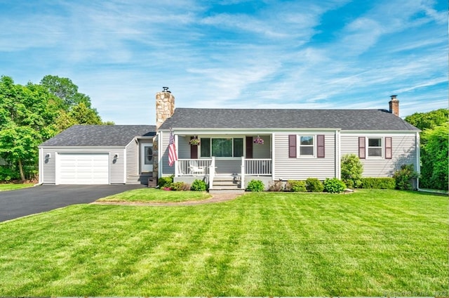 995 Maple St, Wethersfield, CT 06109 - ranch-style home with covered porch, a chimney, driveway, and an attached garage