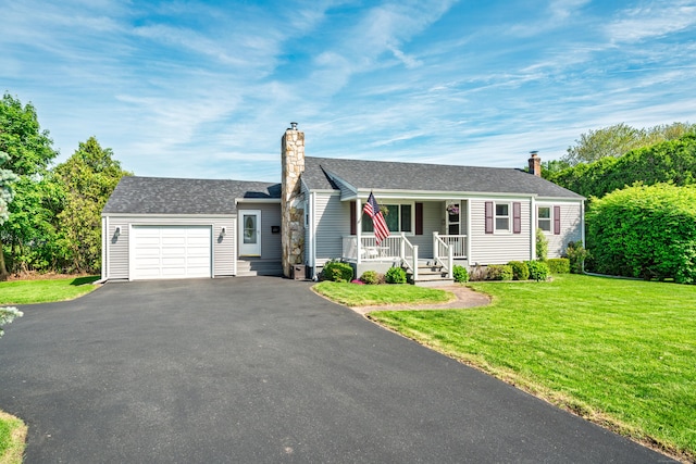 995 Maple St, Wethersfield, CT 06109 - ranch-style home with a porch, a chimney, an attached garage, and asphalt driveway