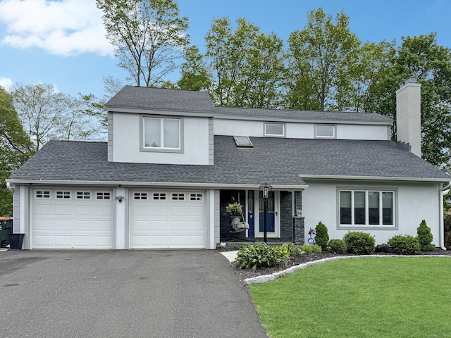 view of front facade featuring asphalt driveway, a front lawn, a chimney, a shingled roof, and stucco siding