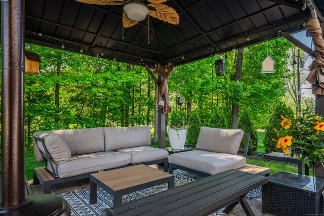 14 Stakey Farm Rd, Southington, CT 06489 - deck featuring an outdoor living space, ceiling fan, a gazebo, and a patio