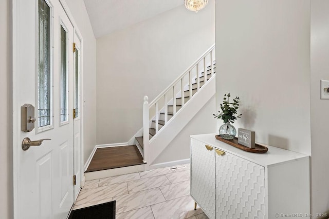 14 Stakey Farm Rd, Southington, CT 06489 - entryway with stairway, light marble finish floors, and baseboards