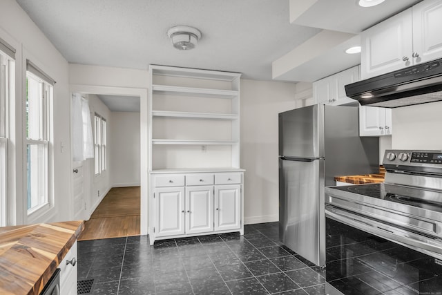 9 Florence St, East Haven, CT 06513 - kitchen with stainless steel electric range oven, ventilation hood, white cabinetry, baseboards, and open shelves