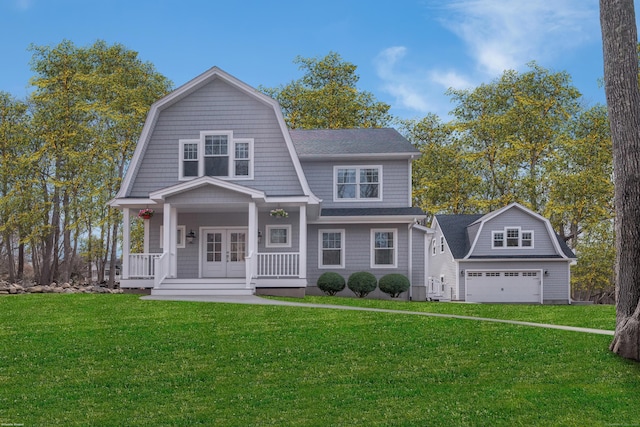 40 Allyn St, Groton, CT 06355 - view of front of home with a gambrel roof, a porch, a front yard, a garage, and roof with shingles