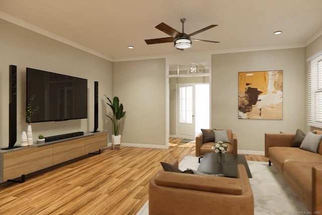 40 Allyn St, Groton, CT 06355 - living room featuring light wood-style floors, ceiling fan, healthy amount of natural light, crown molding, and baseboards
