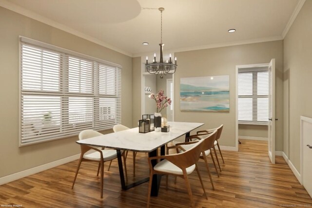 40 Allyn St, Groton, CT 06355 - dining space featuring a chandelier, wood finished floors, baseboards, ornamental molding, and recessed lighting