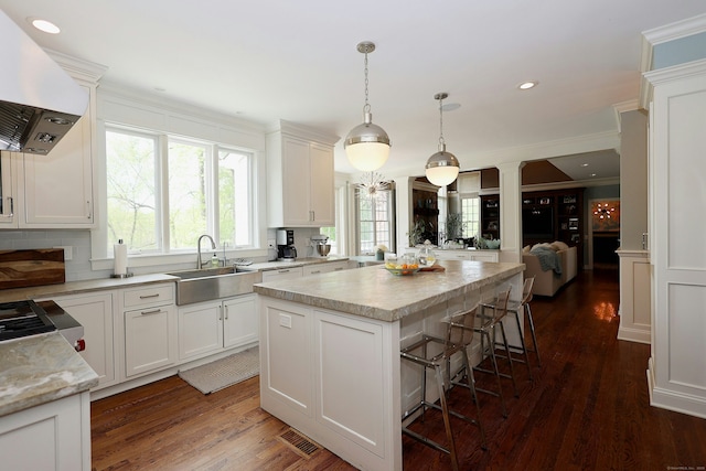 110 Nursery Rd, Ridgefield, CT 06877 - kitchen featuring a sink, ventilation hood, decorative columns, a kitchen island, and white cabinetry