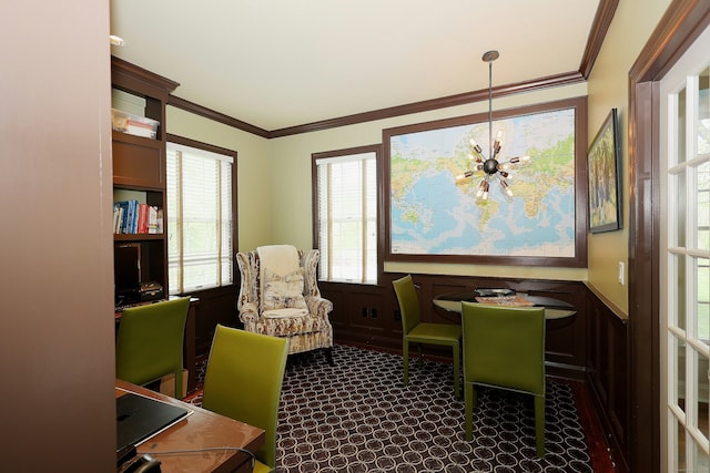 110 Nursery Rd, Ridgefield, CT 06877 - office space with ornamental molding, a wainscoted wall, and a chandelier