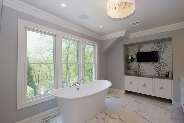 110 Nursery Rd, Ridgefield, CT 06877 - full bathroom with vanity, marble finish flooring, baseboards, a soaking tub, and ornamental molding