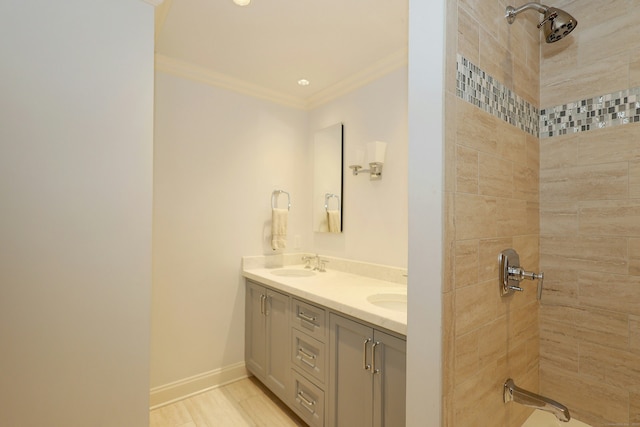 110 Nursery Rd, Ridgefield, CT 06877 - full bathroom with crown molding, a tile shower, double vanity, and baseboards