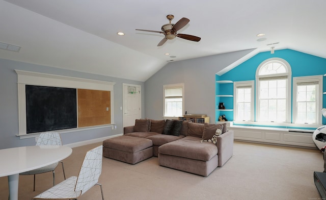 110 Nursery Rd, Ridgefield, CT 06877 - living area featuring vaulted ceiling, light colored carpet, a ceiling fan, and recessed lighting