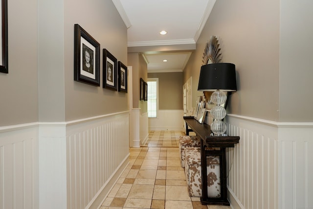 110 Nursery Rd, Ridgefield, CT 06877 - hall featuring wainscoting, ornamental molding, and stone tile floors