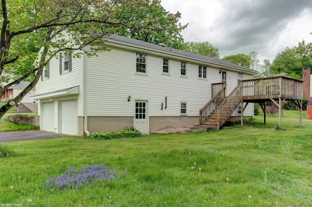 21 Summit Farms Rd, Southington, CT 06489 - rear view of property with an attached garage, stairs, a wooden deck, and a yard