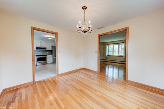 21 Summit Farms Rd, Southington, CT 06489 - unfurnished dining area featuring a chandelier, baseboard heating, light wood-style flooring, and baseboards