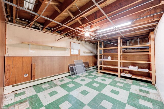 21 Summit Farms Rd, Southington, CT 06489 - below grade area with a baseboard heating unit, tile patterned floors, baseboard heating, and wooden walls