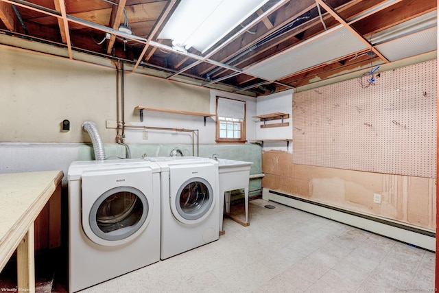 21 Summit Farms Rd, Southington, CT 06489 - washroom with baseboard heating, tile patterned floors, and washing machine and clothes dryer