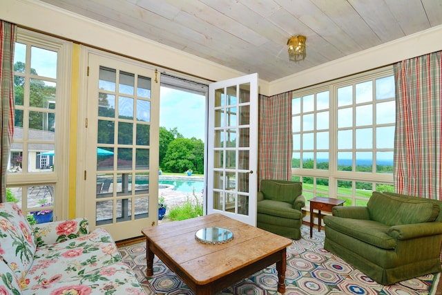 175 Pulpit Rock Rd, Woodstock, CT 06281 - living room featuring wood ceiling and ornamental molding