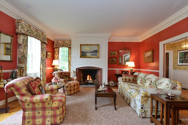 175 Pulpit Rock Rd, Woodstock, CT 06281 - living room featuring ornamental molding and a brick fireplace