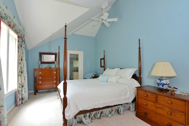 175 Pulpit Rock Rd, Woodstock, CT 06281 - bedroom featuring light colored carpet, multiple windows, a ceiling fan, and lofted ceiling