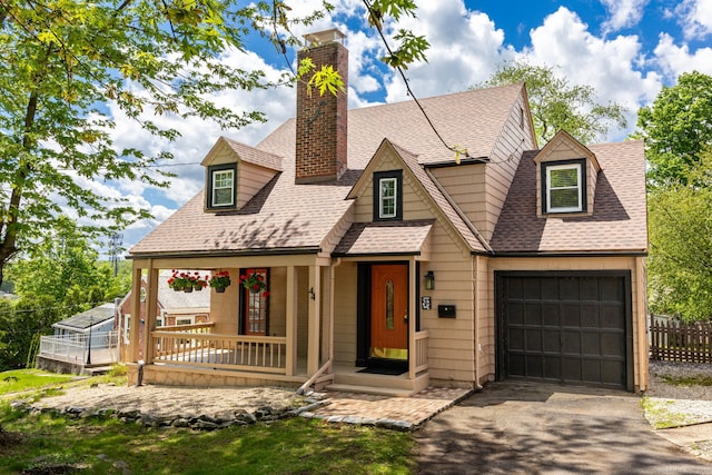 view of front of house with roof with shingles, driveway, a garage, a chimney, and fence