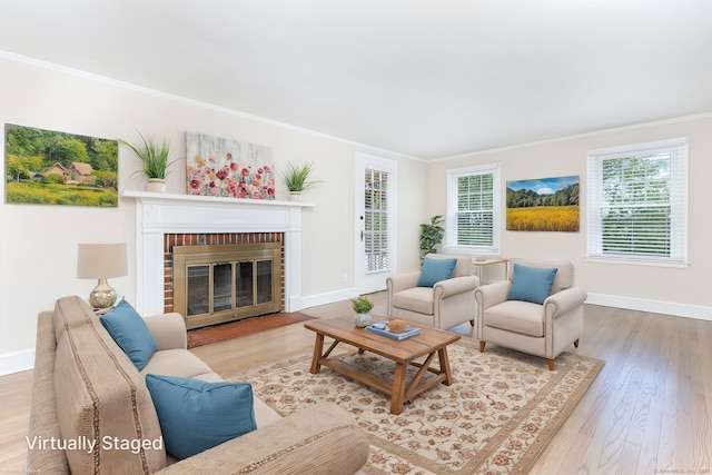 living room featuring crown molding, baseboards, wood finished floors, and a fireplace