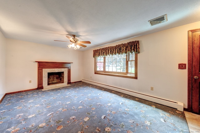 39 Eastgate Ln, Enfield, CT 06082 - unfurnished living room featuring a baseboard radiator, carpet floors, ceiling fan, and a premium fireplace