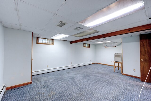 39 Eastgate Ln, Enfield, CT 06082 - below grade area featuring a baseboard heating unit, carpet, baseboards, baseboard heating, and a paneled ceiling