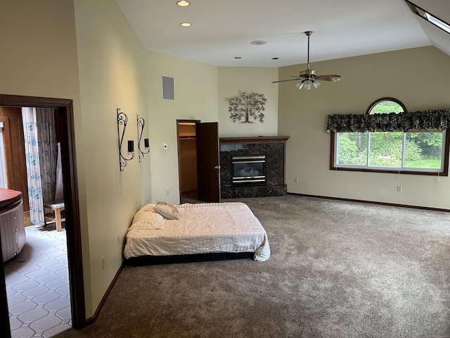 39 Eastgate Ln, Enfield, CT 06082 - carpeted bedroom featuring baseboards, high vaulted ceiling, a high end fireplace, and recessed lighting