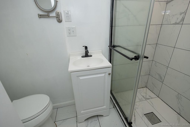 full bathroom with marble look tile flooring, a shower stall, vanity, and toilet
