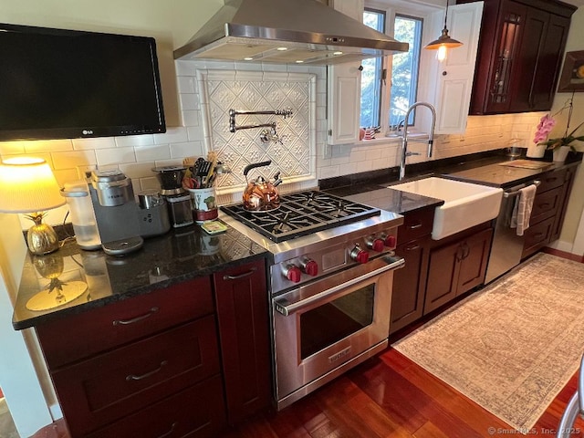 kitchen featuring premium range, extractor fan, a sink, dark wood finished floors, and tasteful backsplash