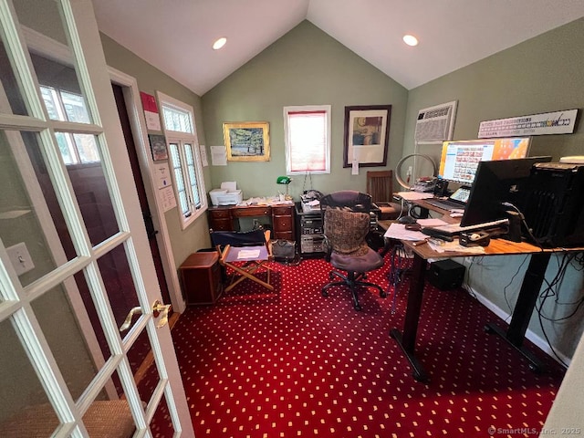 office space featuring carpet flooring, vaulted ceiling, french doors, recessed lighting, and a wall unit AC