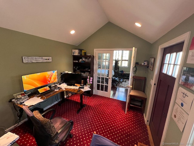 office featuring lofted ceiling, french doors, carpet floors, and recessed lighting