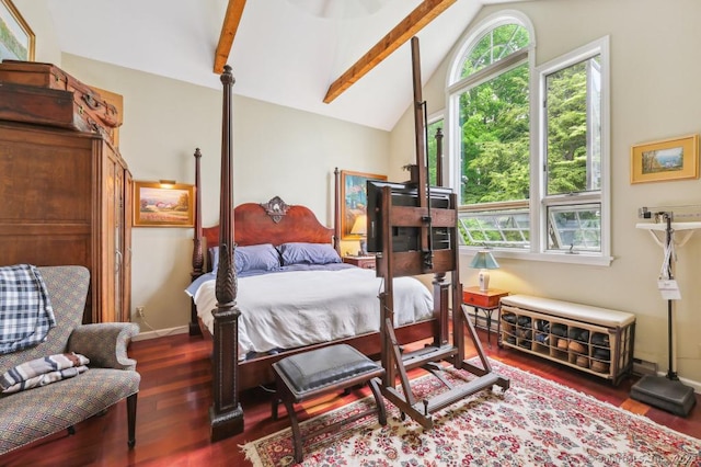 9 Columbus Ave, East Lyme, CT 06357 - bedroom featuring multiple windows, wood finished floors, beamed ceiling, baseboards, and high vaulted ceiling
