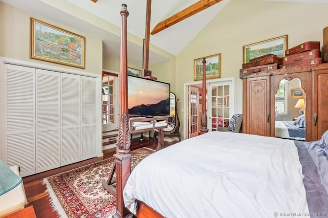 9 Columbus Ave, East Lyme, CT 06357 - bedroom with wood finished floors, french doors, beam ceiling, and high vaulted ceiling