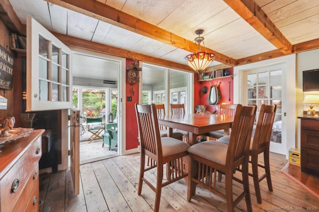 9 Columbus Ave, East Lyme, CT 06357 - dining area with light wood-style flooring and wooden ceiling with exposed beams