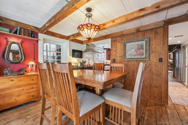 9 Columbus Ave, East Lyme, CT 06357 - dining room featuring beam ceiling, hardwood / wood-style floors, and wood walls