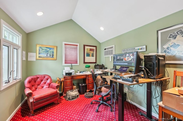 9 Columbus Ave, East Lyme, CT 06357 - office area featuring vaulted ceiling, carpet floors, baseboards, an AC wall unit, and recessed lighting