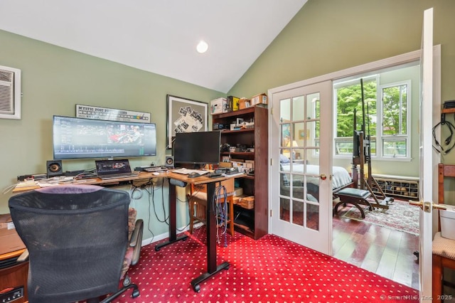 9 Columbus Ave, East Lyme, CT 06357 - home office featuring french doors, vaulted ceiling, wood finished floors, and recessed lighting