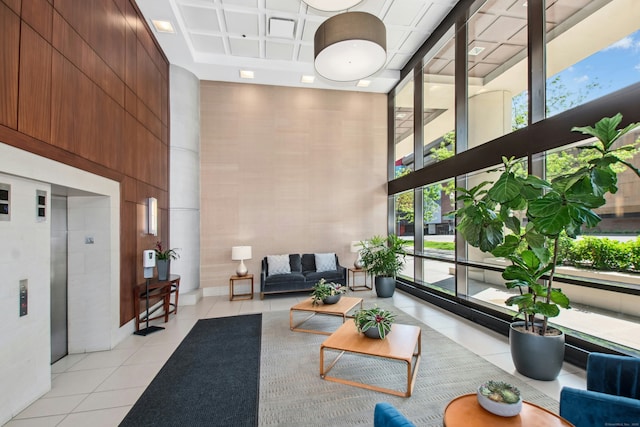 127 Greyrock Pl Unit 502, Stamford, CT 06901 - lobby featuring a high ceiling, coffered ceiling, and a wall of windows