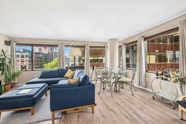127 Greyrock Pl Unit 502, Stamford, CT 06901 - living room featuring light wood-style floors, a textured ceiling, a city view, and plenty of natural light