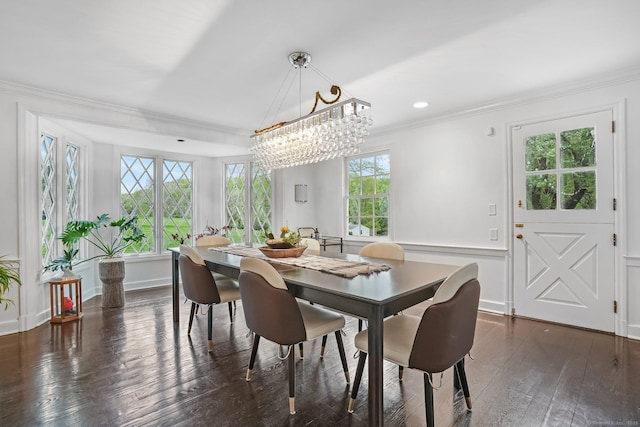 20 Fieldstone Dr, Easton, CT 06612 - dining area featuring crown molding, dark wood finished floors, a chandelier, and recessed lighting