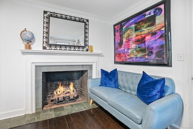 20 Fieldstone Dr, Easton, CT 06612 - sitting room with crown molding, wood finished floors, and a tiled fireplace